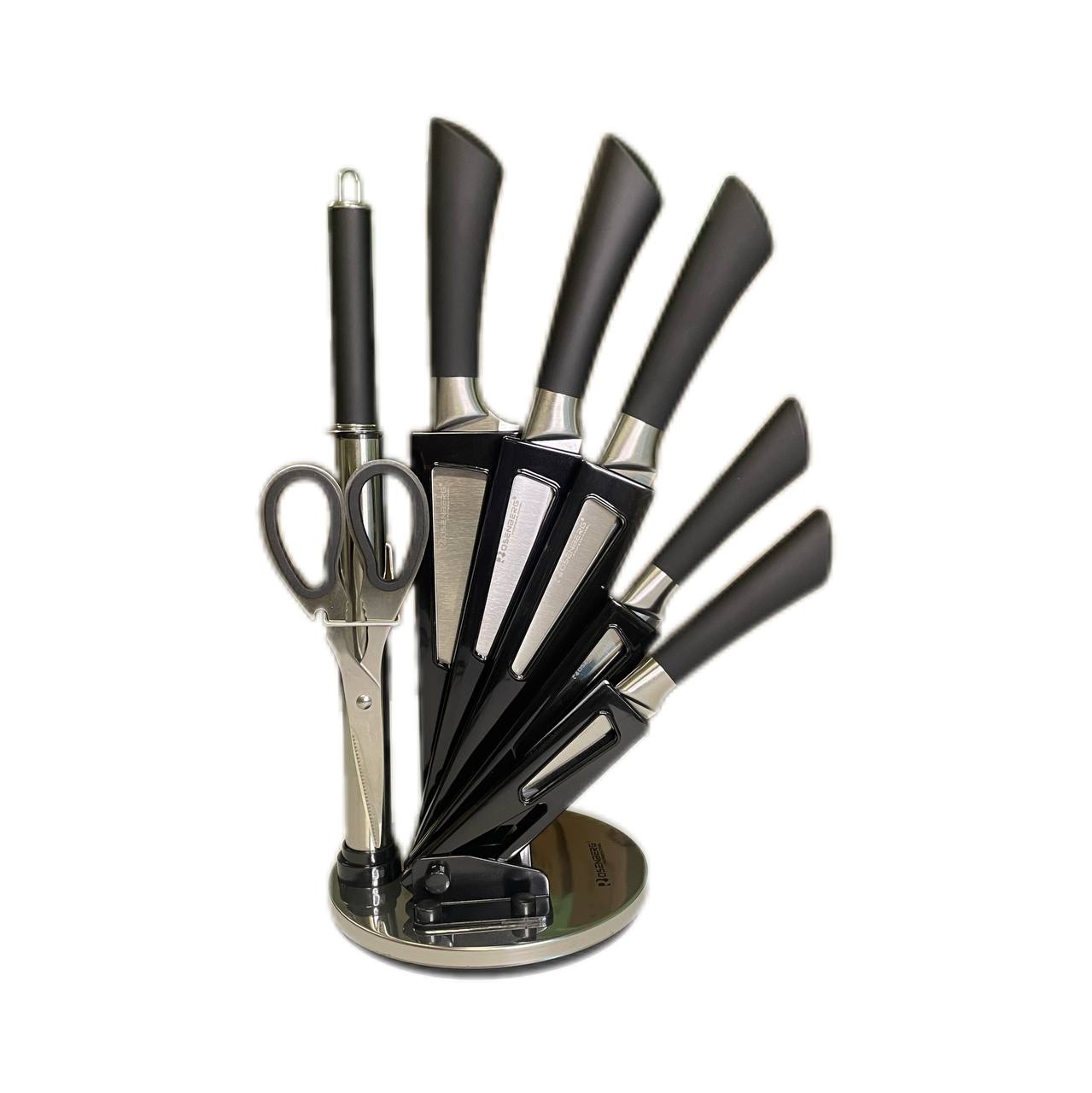 Set of black kitchen knives and scissors on a white background