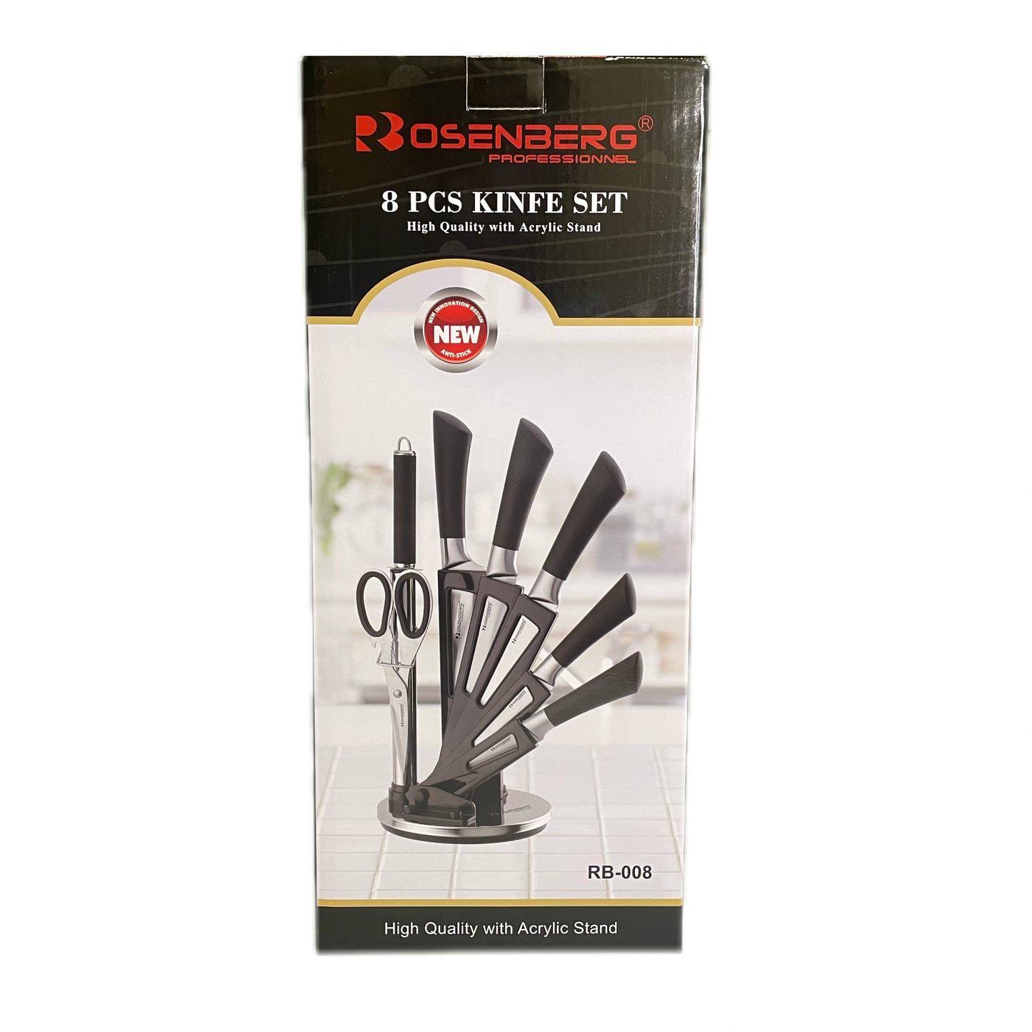 Packaging of a 8-piece knife set with an acrylic stand by Rosenberg Professional on a white background.