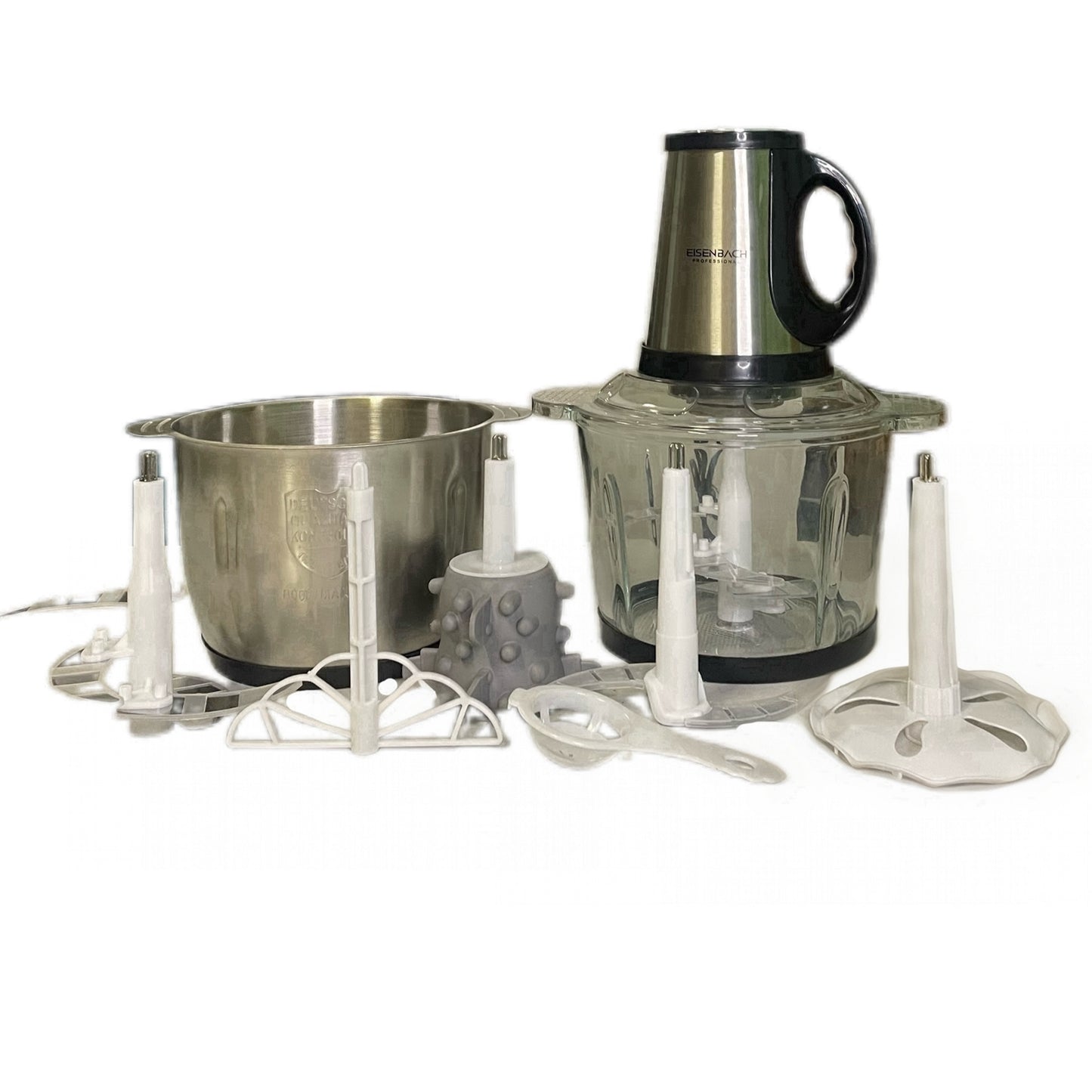 Meat and vegetable chopper with glass and metal bowl and chopping attachments on white background