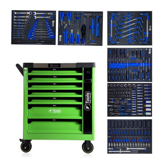 Зеленый ящик для инструментов с различными инструментами, выставленными на белом фоне.