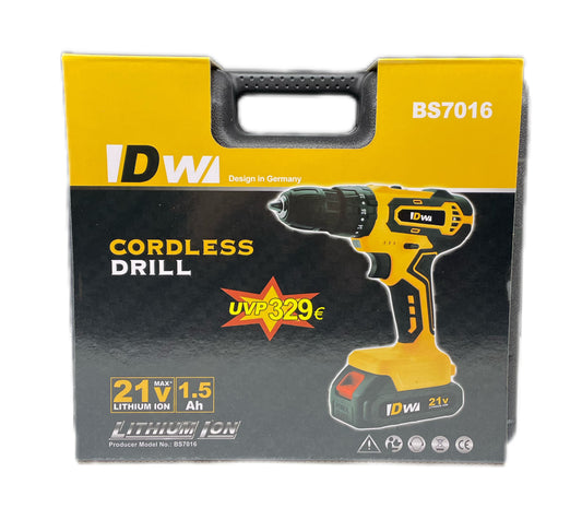 Упаковка аккумуляторной дрели DW с желто-черным дизайном