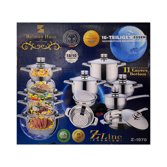 Упаковка набора посуды Belman Haus Z-Line Premium с кастрюлями и сковородками на синем фоне