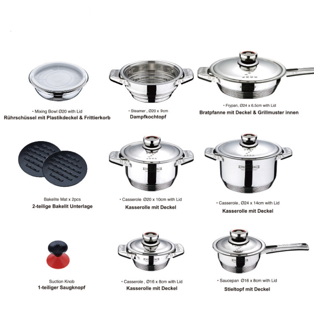 Set of stainless steel cookware with various components on a white background