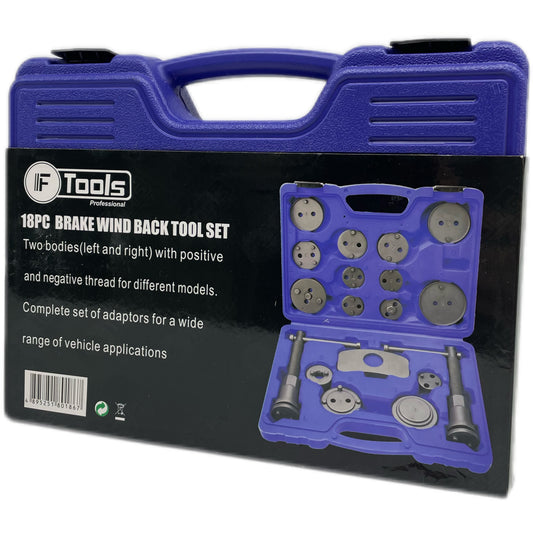 18-piece brake wind back tool set packaging with blue case and black background