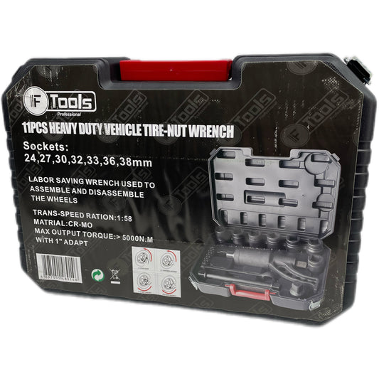 11-piece heavy-duty vehicle tire-nut wrench set packaging with tool details on a white background