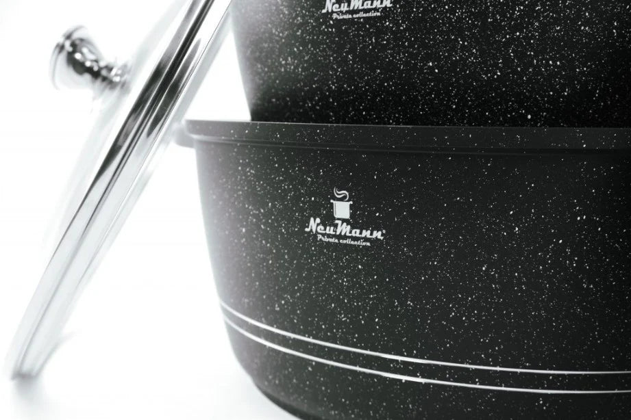 Black speckled cookware set with 'NeuMan' branding on a white background