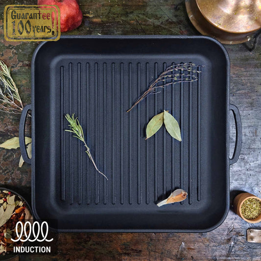 Masternya kvadrātveida cepšanas panna 35x35 cm, dziļums 4 cm, svars 5,5 kg, čuguna grils bārbekjū (T309)