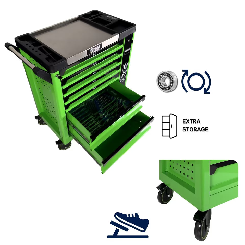Green tool cart with open drawer on a white background
