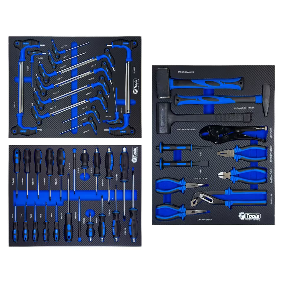 Set of blue tools on black trays with a brand logo.