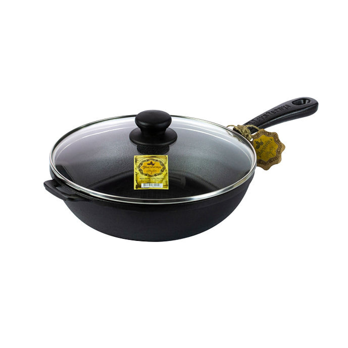 Black cast iron frying pan with glass lid on a white background