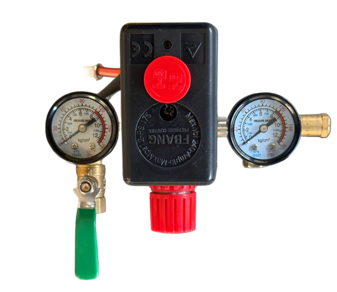 Pressure regulator with two gauges and a red button on a white background