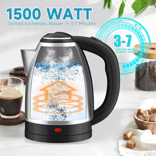 Electric kettle with 1500 watt rating on a white background