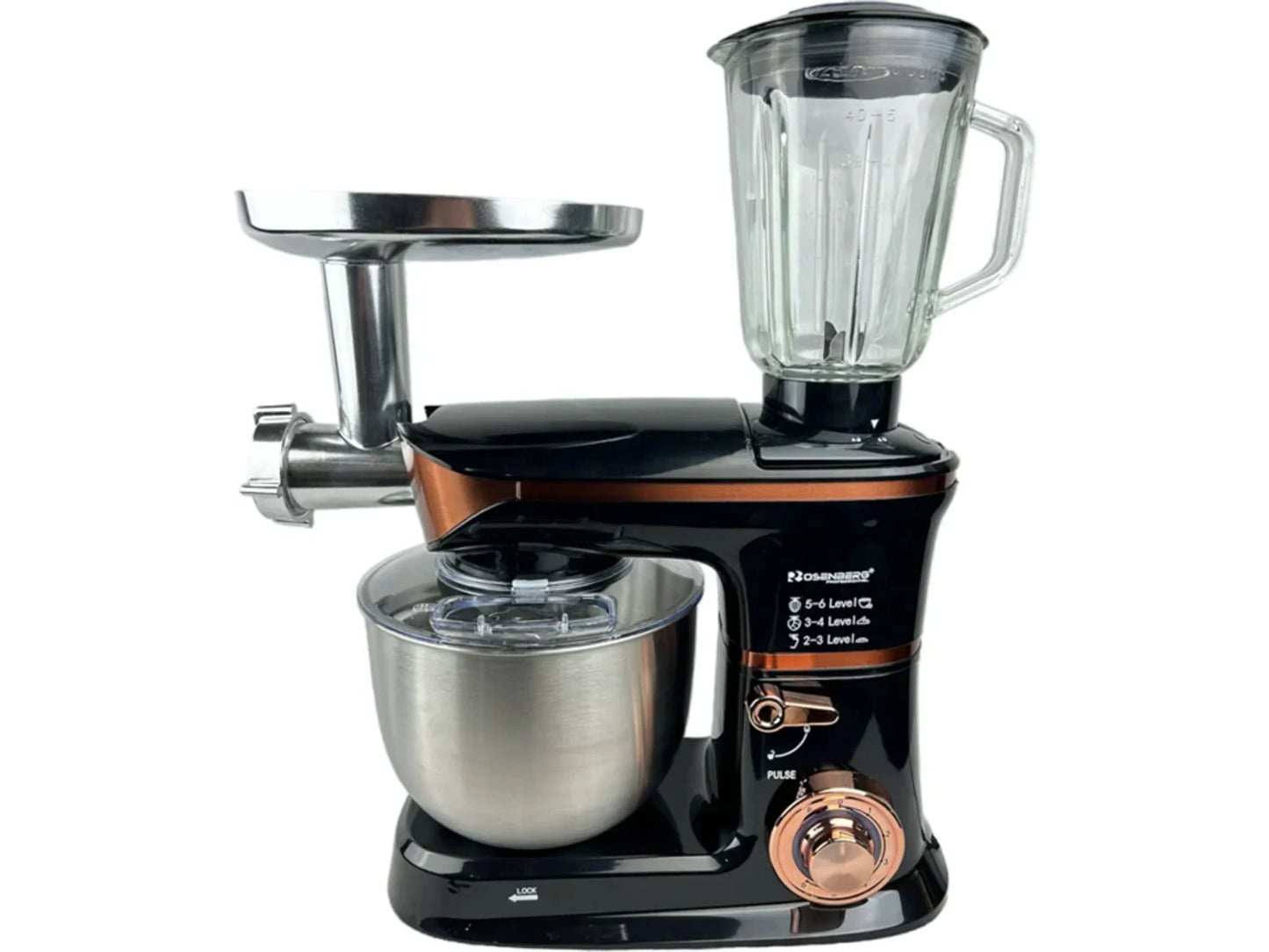 Multifunctional kitchen appliance with mixer, grinder, and blender on a white background