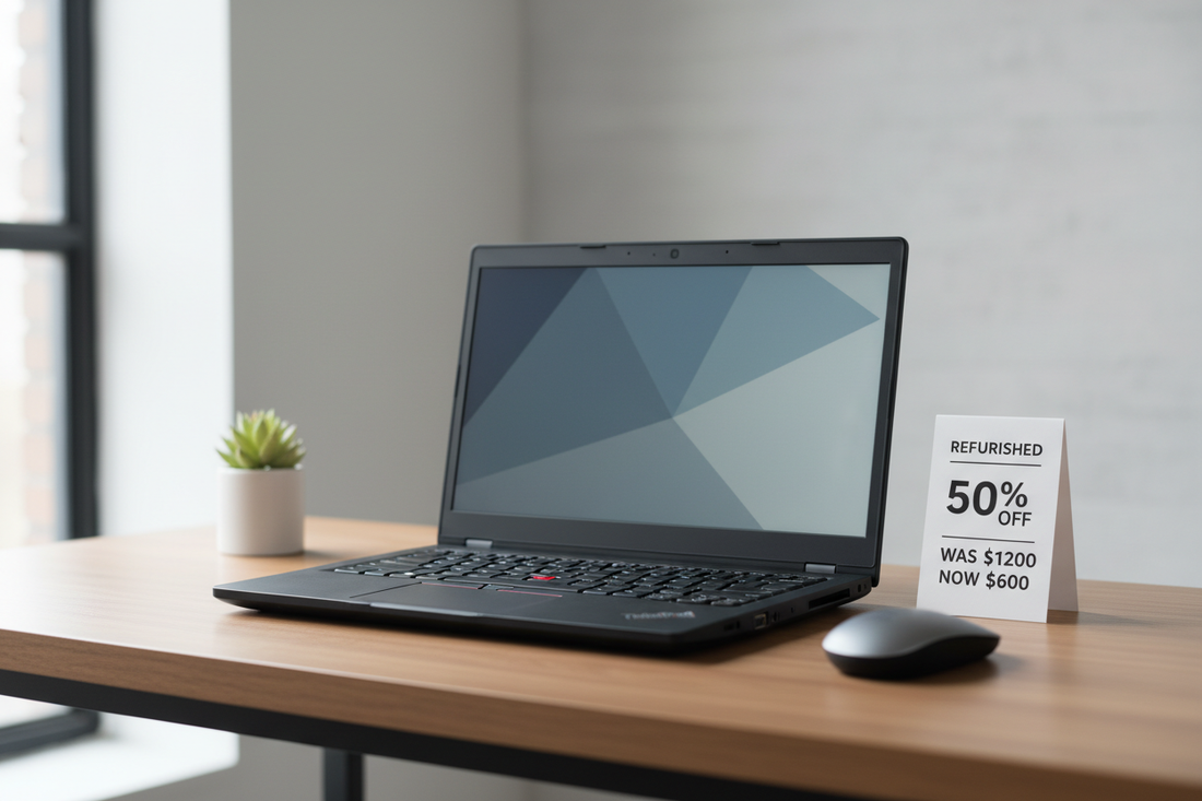 Refurbished ThinkPad business laptop on a desk — buy refurbished laptops in Riga at NIKOS MART