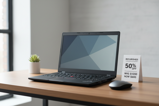 Refurbished ThinkPad business laptop on a desk — buy refurbished laptops in Riga at NIKOS MART