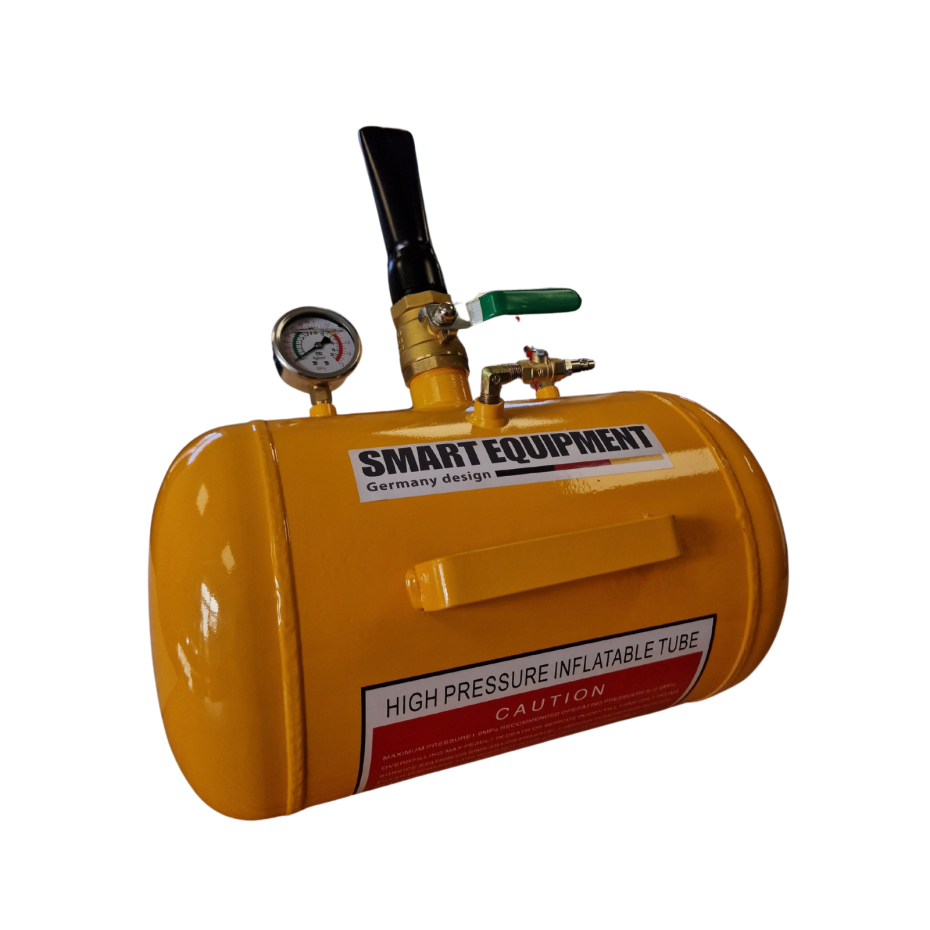 Yellow high-pressure inflatable tube with valve and gauge on a white background