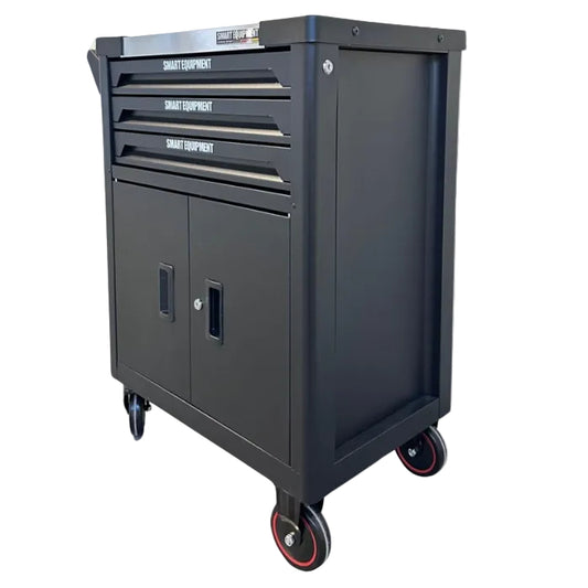 SMART EQUIPMENT mobilais instrumentu skapis ar 3/3+1 atvilktnēm — pilns profesionālais komplekts, 136 gab.