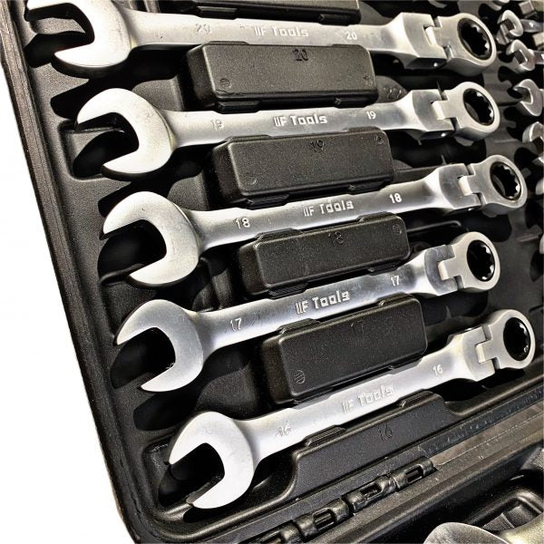 Set of wrenches in a black tool case with 'FTools' branding.