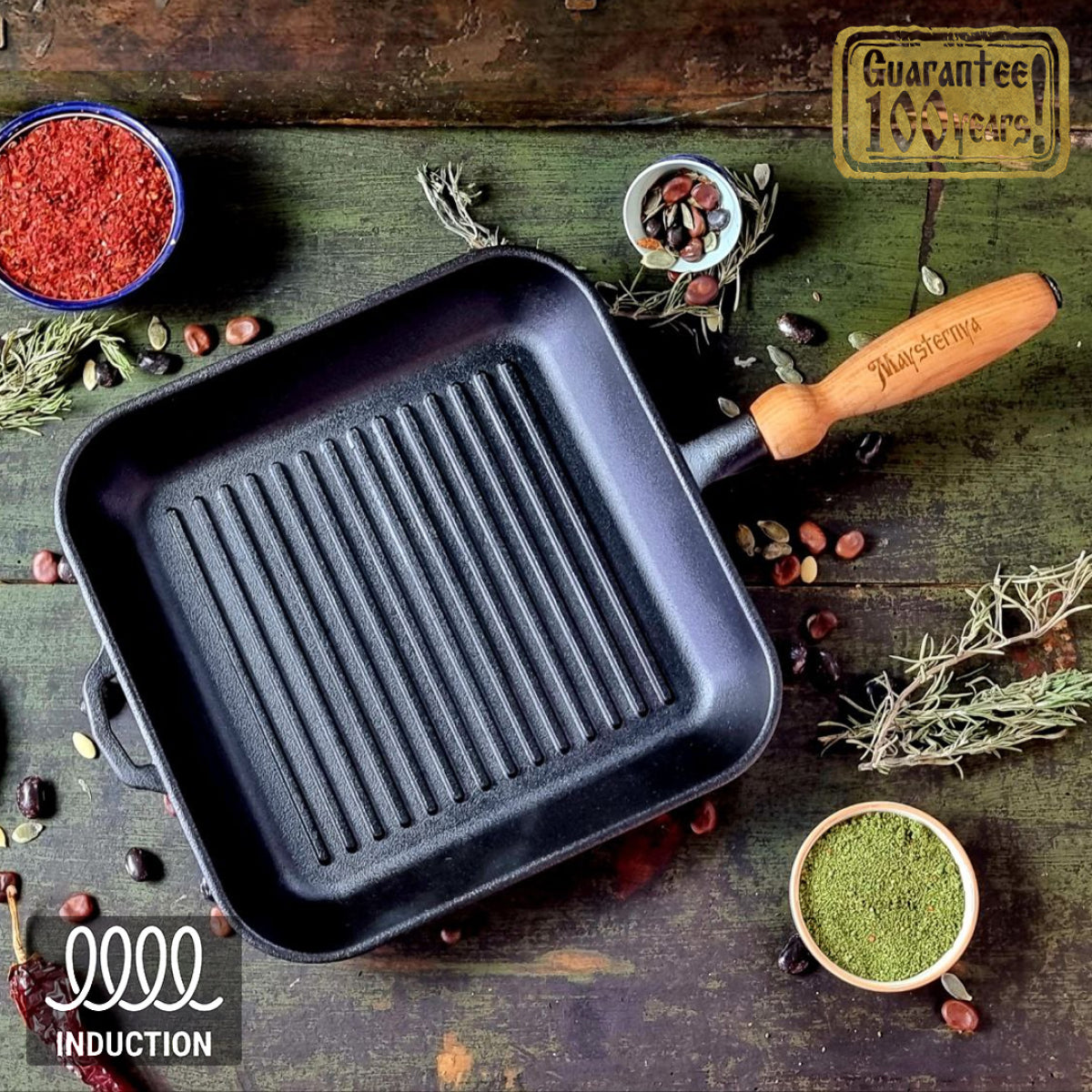 Black сast iron grill pan with wooden handle on a rustic wooden surface with spices and herbs.