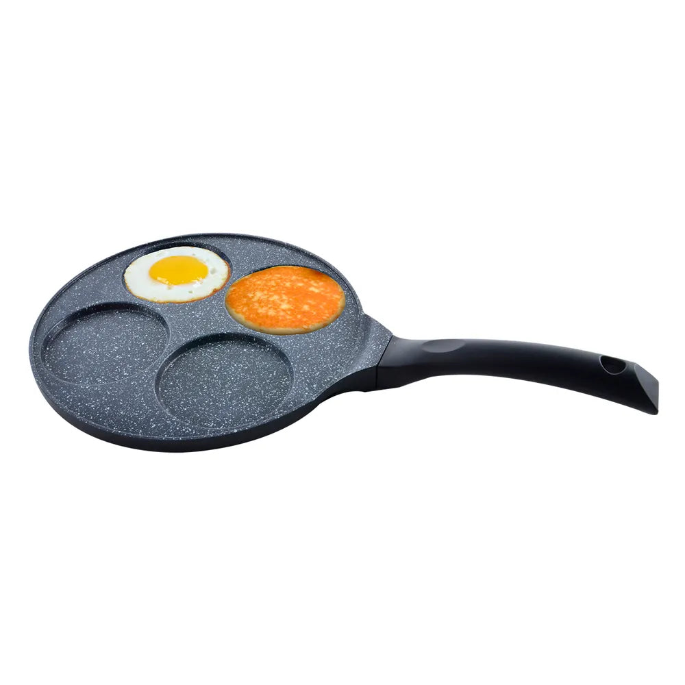 Multicolored eggs on a three-section frying pan with a black handle on a white background