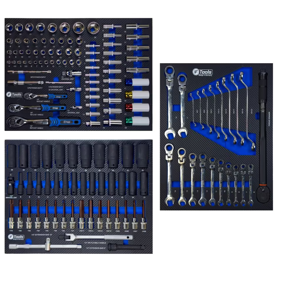 Set of tools including sockets, wrenches, and ratchets on a black organizer with blue accents.