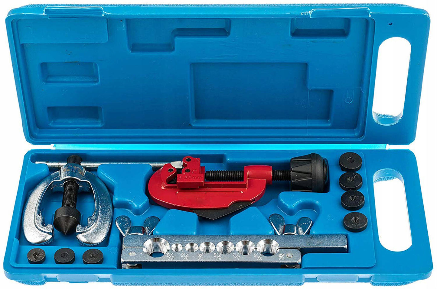 The SATRA S-7DFT set is a professional kit designed for precise cutting and flaring of copper, brass, and thin-walled aluminum tubing. This tool is ideal for repairing automotive brake lines, fuel systems, and hydraulic installations.