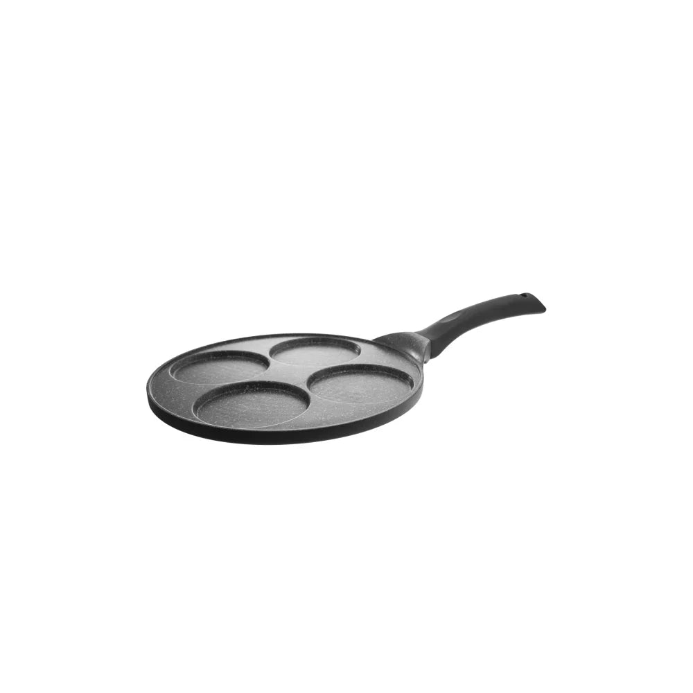 Black frying pan with three compartments on a white background
