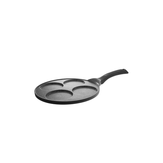 Black frying pan with three compartments on a white background