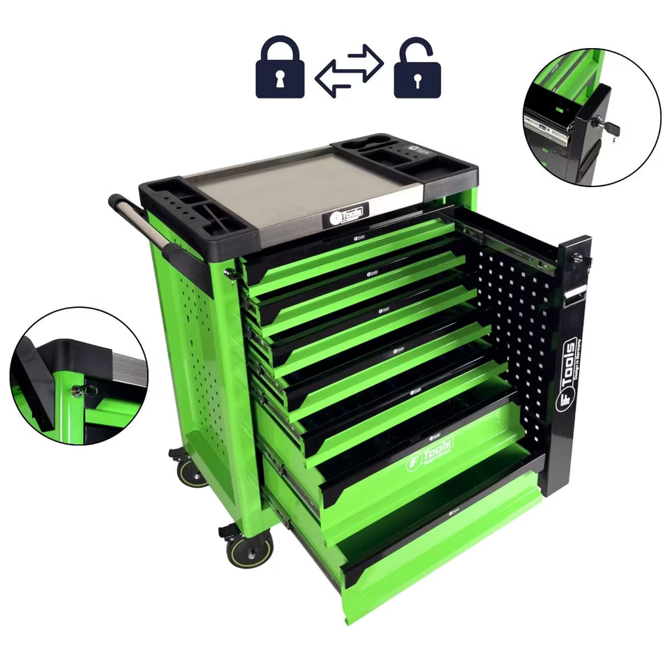Green tool chest with multiple drawers on a white background