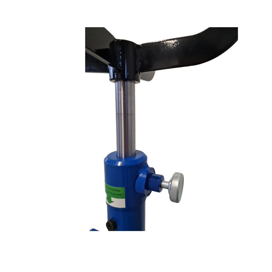 Close-up of a mechanical component with blue base and black arm on a white background