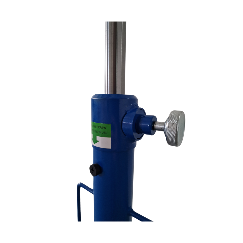 Blue mechanical device with a cylindrical component and a knob on a white background