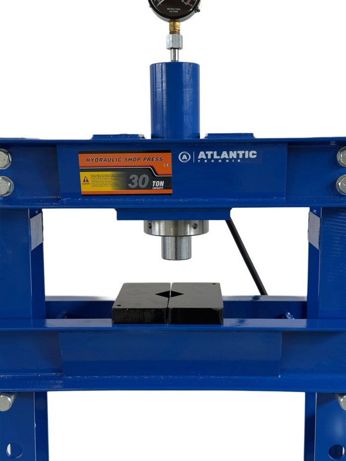 Blue hydraulic shop press with 'Atlantic' branding on a white background