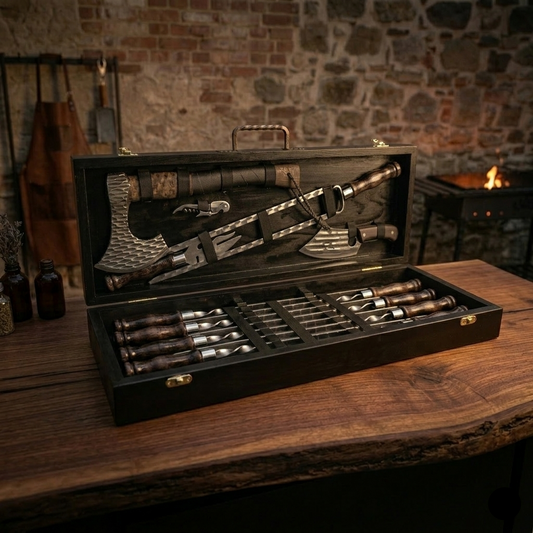 "Akela" — augstākās kvalitātes grila un grila komplekts roku darbs koka kastē