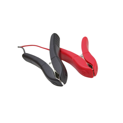 Two car jump starter clamps, one red and one black, on a white background.