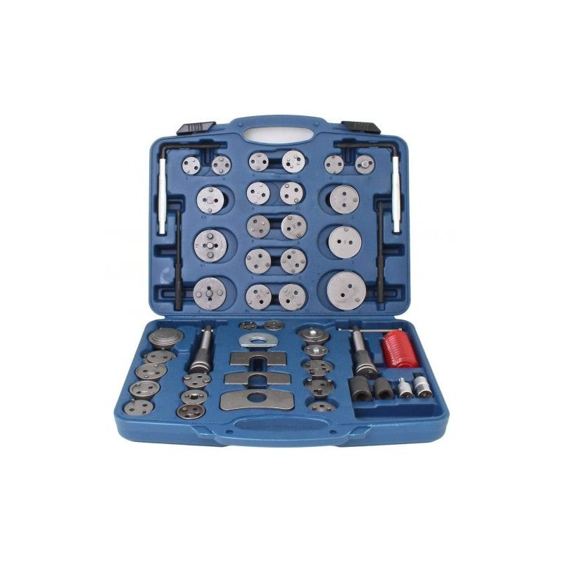 Bremžu suporta virzuļa pretapgriešanas instrumentu komplekts A-50PCS (50 gabali) ir profesionāls universāls instrumentu komplekts, kas ir neaizstājams ātrai un drošai bremžu suportu apkopei bremžu kluču nomaiņas laikā.