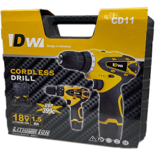 Упаковка набора аккумуляторных дрелей DW с желто-черным дизайном