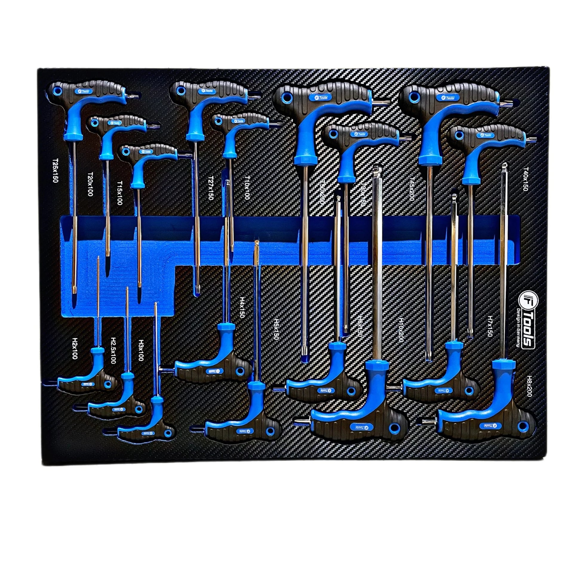 T-veida instrumentu komplekts uz melnzila displeja ar FTOOLS zīmolu.