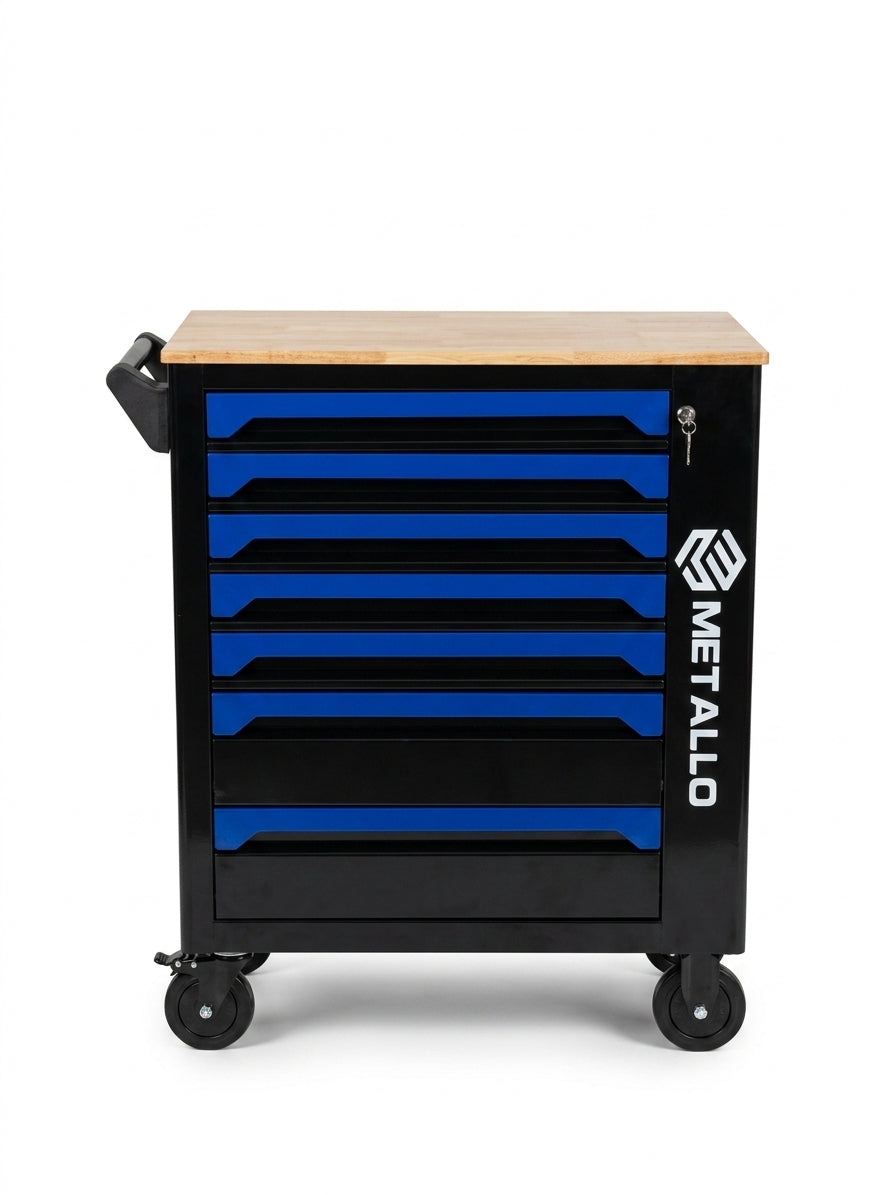 Tool Trolley METALLO with Wooden Top and 7-Tray Tool Set