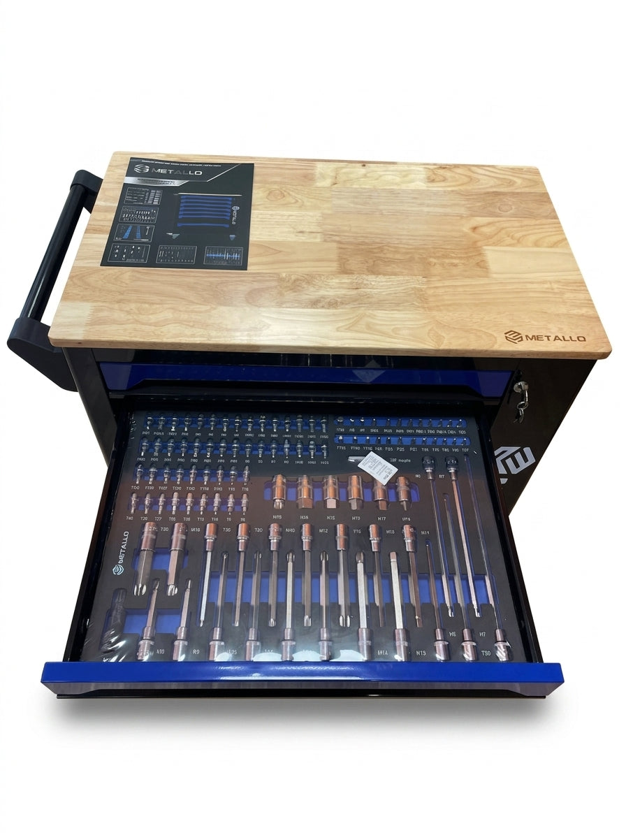 Tool Trolley METALLO with Wooden Top and 7-Tray Tool Set