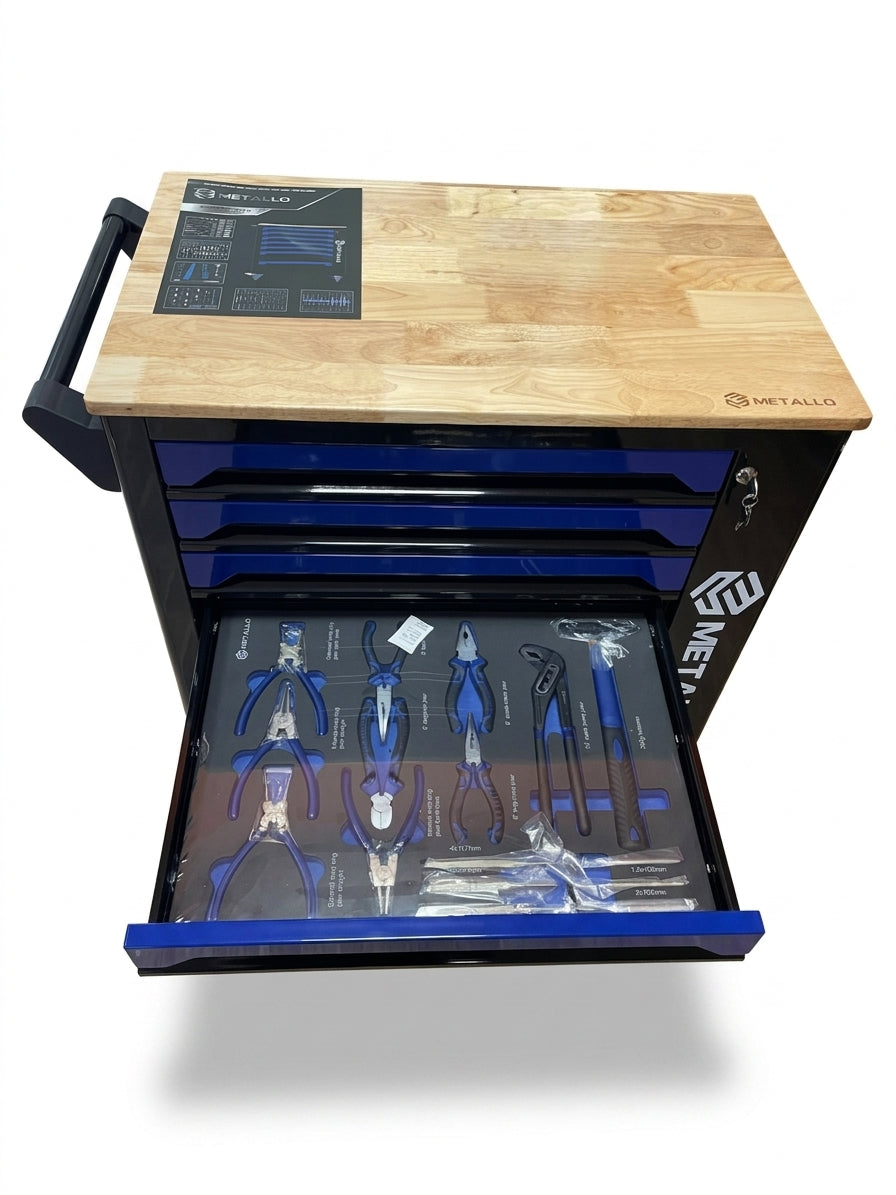 Tool Trolley METALLO with Wooden Top and 7-Tray Tool Set