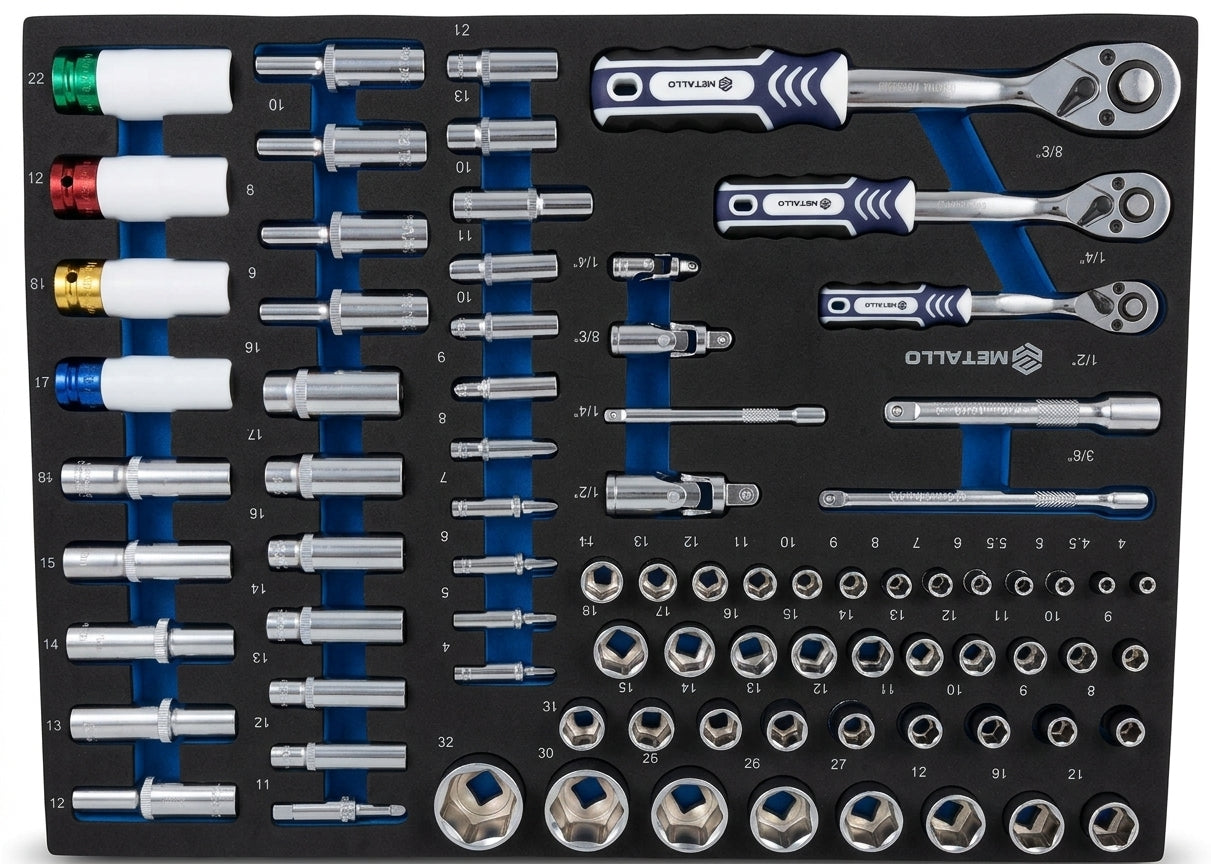 Tool Trolley METALLO with Wooden Top and 7-Tray Tool Set