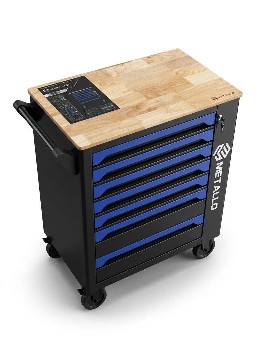 Tool Trolley METALLO with Wooden Top and 7-Tray Tool Set