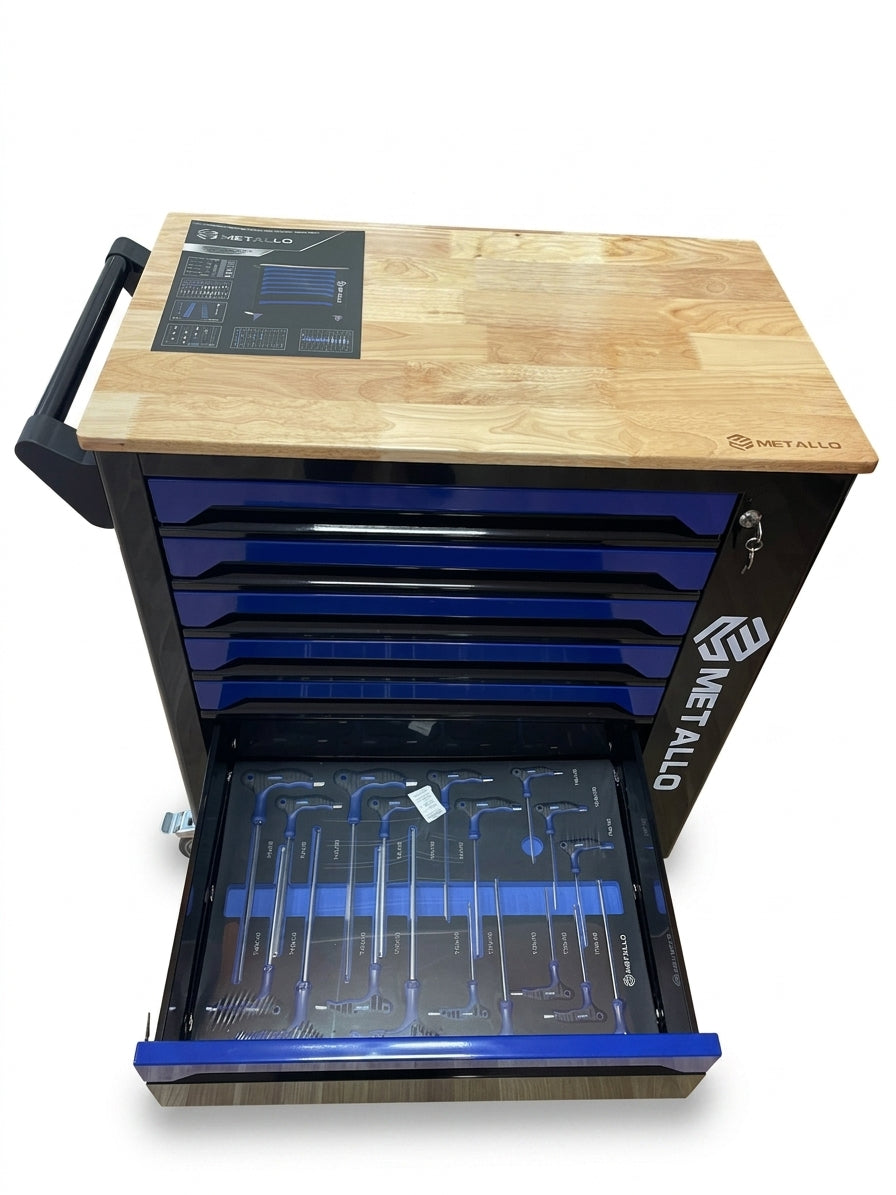 Tool Trolley METALLO with Wooden Top and 7-Tray Tool Set