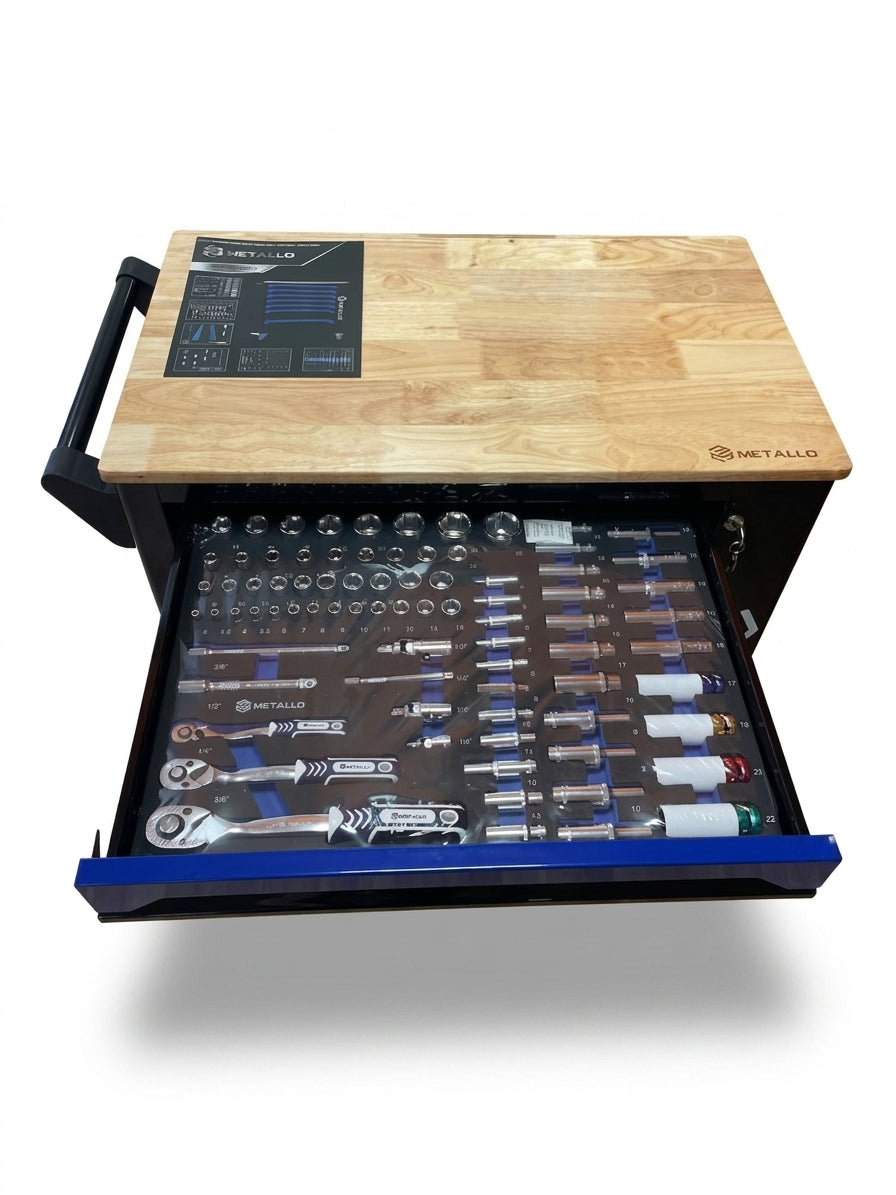 Tool Trolley METALLO with Wooden Top and 7-Tray Tool Set