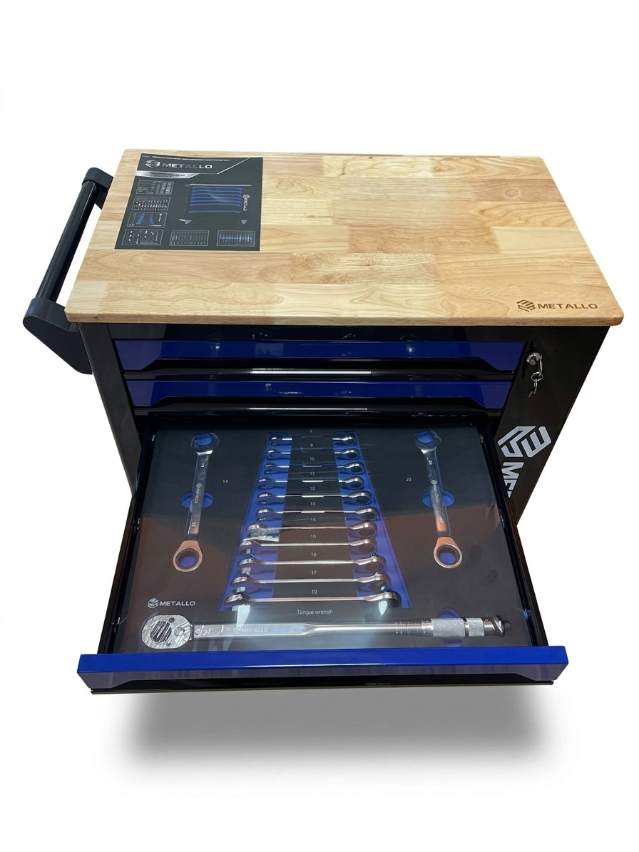 Tool Trolley METALLO with Wooden Top and 7-Tray Tool Set