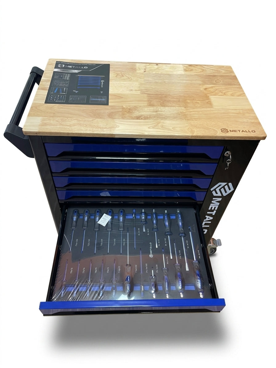 Tool Trolley METALLO with Wooden Top and 7-Tray Tool Set