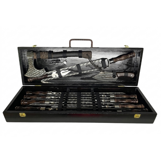 "Akela" — augstākās kvalitātes grila un grila komplekts roku darbs koka kastē