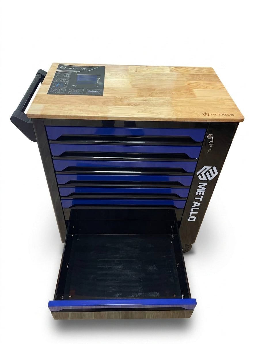 Tool Trolley METALLO with Wooden Top and 7-Tray Tool Set