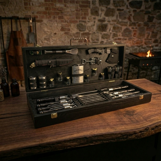 Grezns BBQ iesmu komplekts koka kastītē ar bronzas dzīvnieku galvas skrošu glāzēm un taktisko nazi