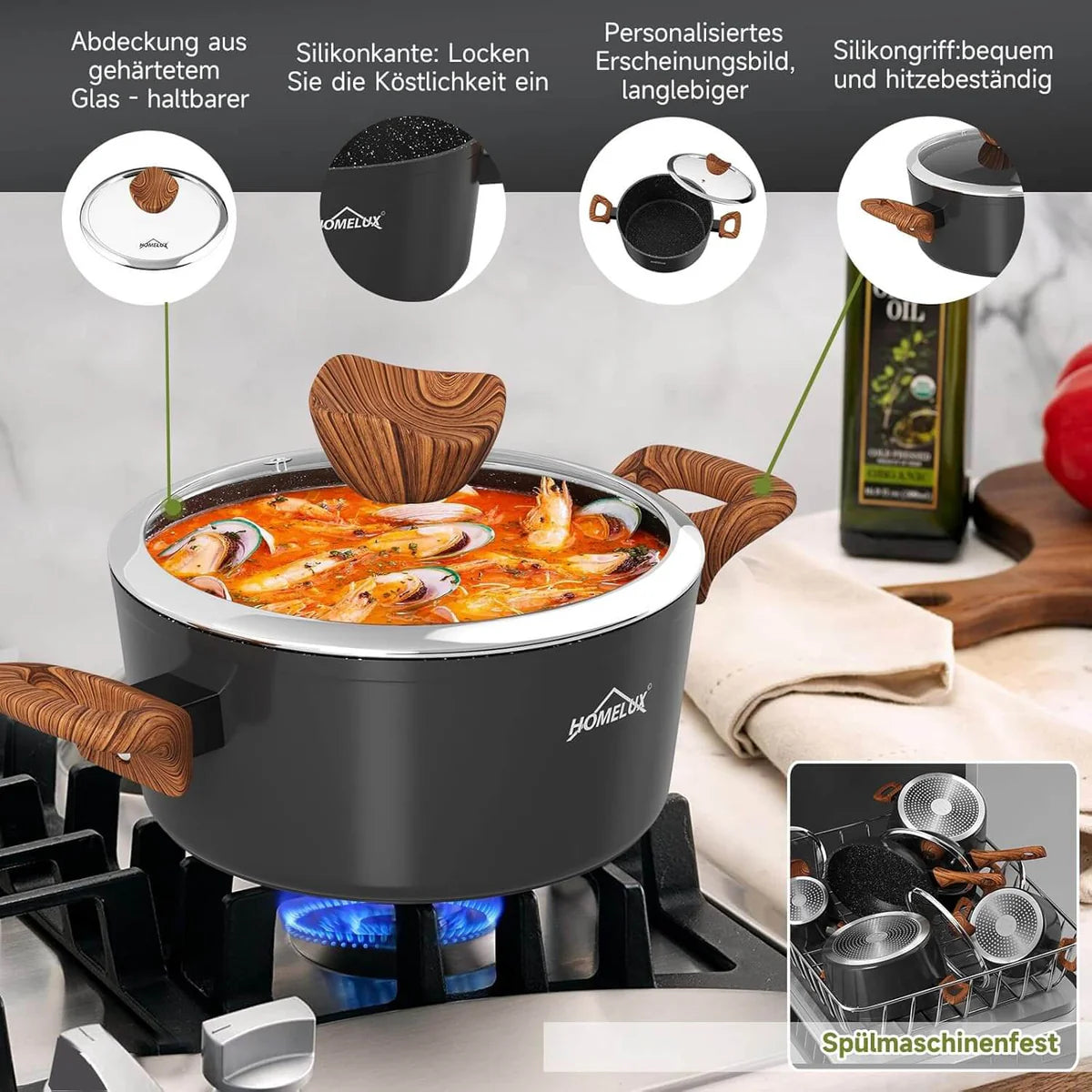 Black electric pot with food on a stove, surrounded by kitchen items and text in German.